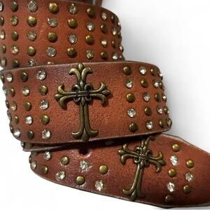 Vera Pelle Tan Leather Belt with Brass and Crystal Accents